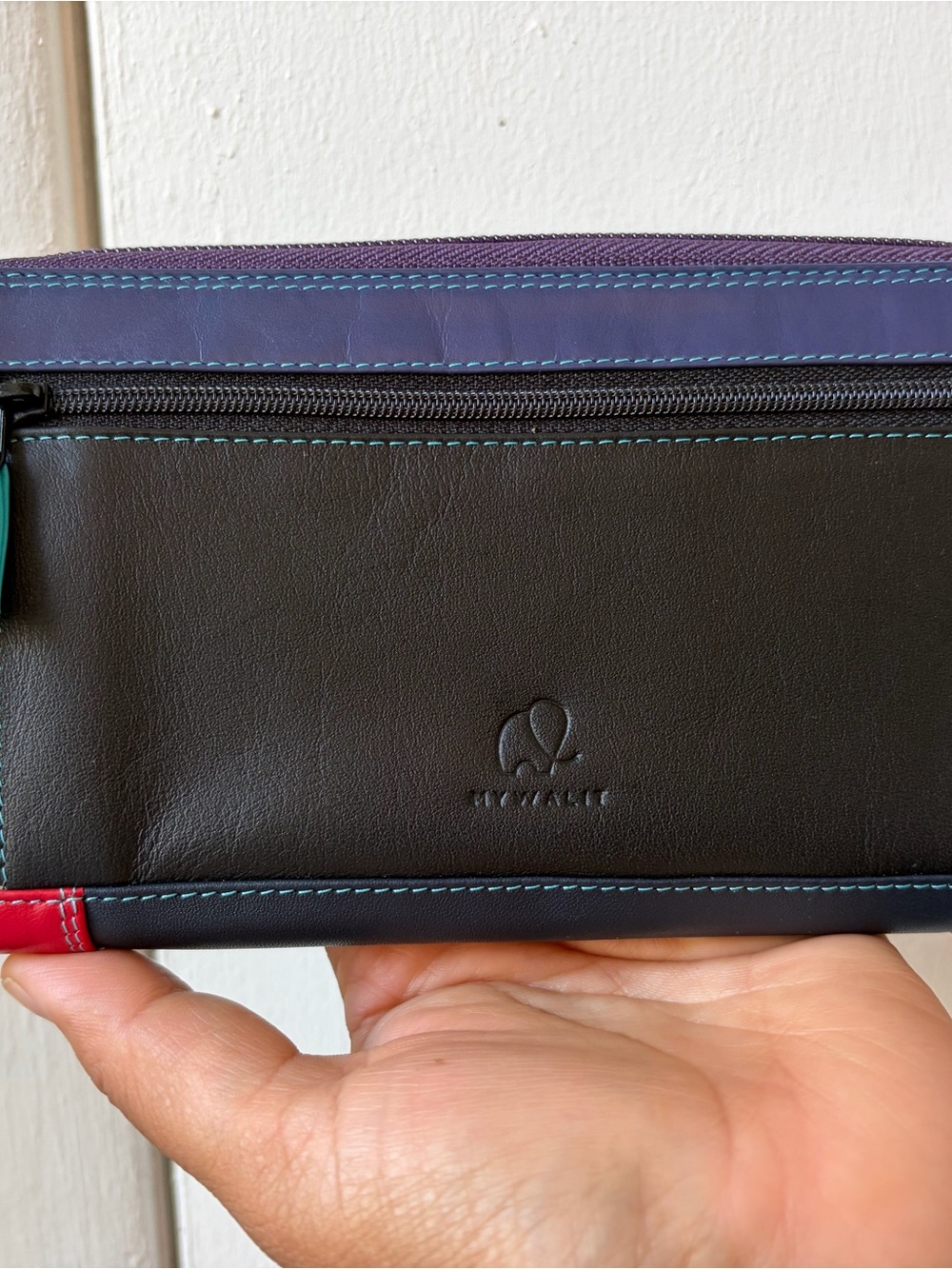 Black Leather Zip Wallet with Multicolor Trim